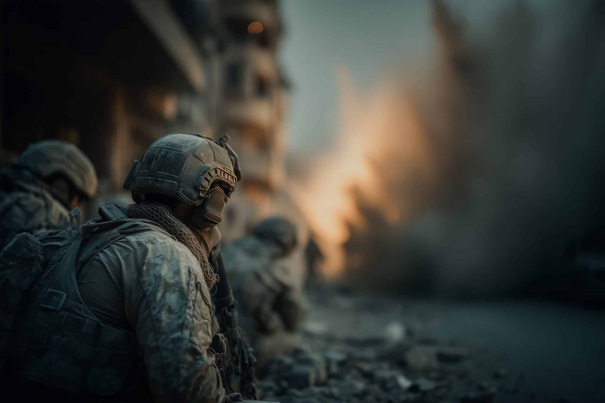 Soldaten schuilen voor een ontploffing