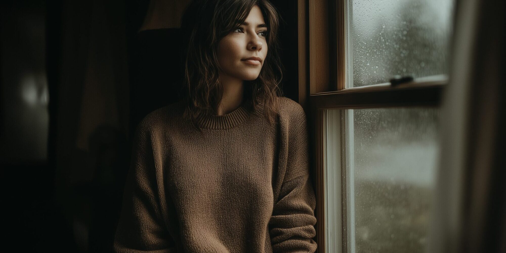 Alleen starend uit het raam