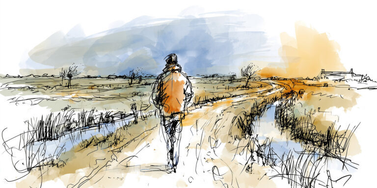 Alleen wandelend door de polder