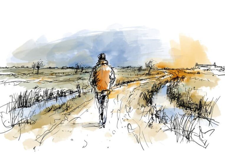 Alleen wandelend door de polder