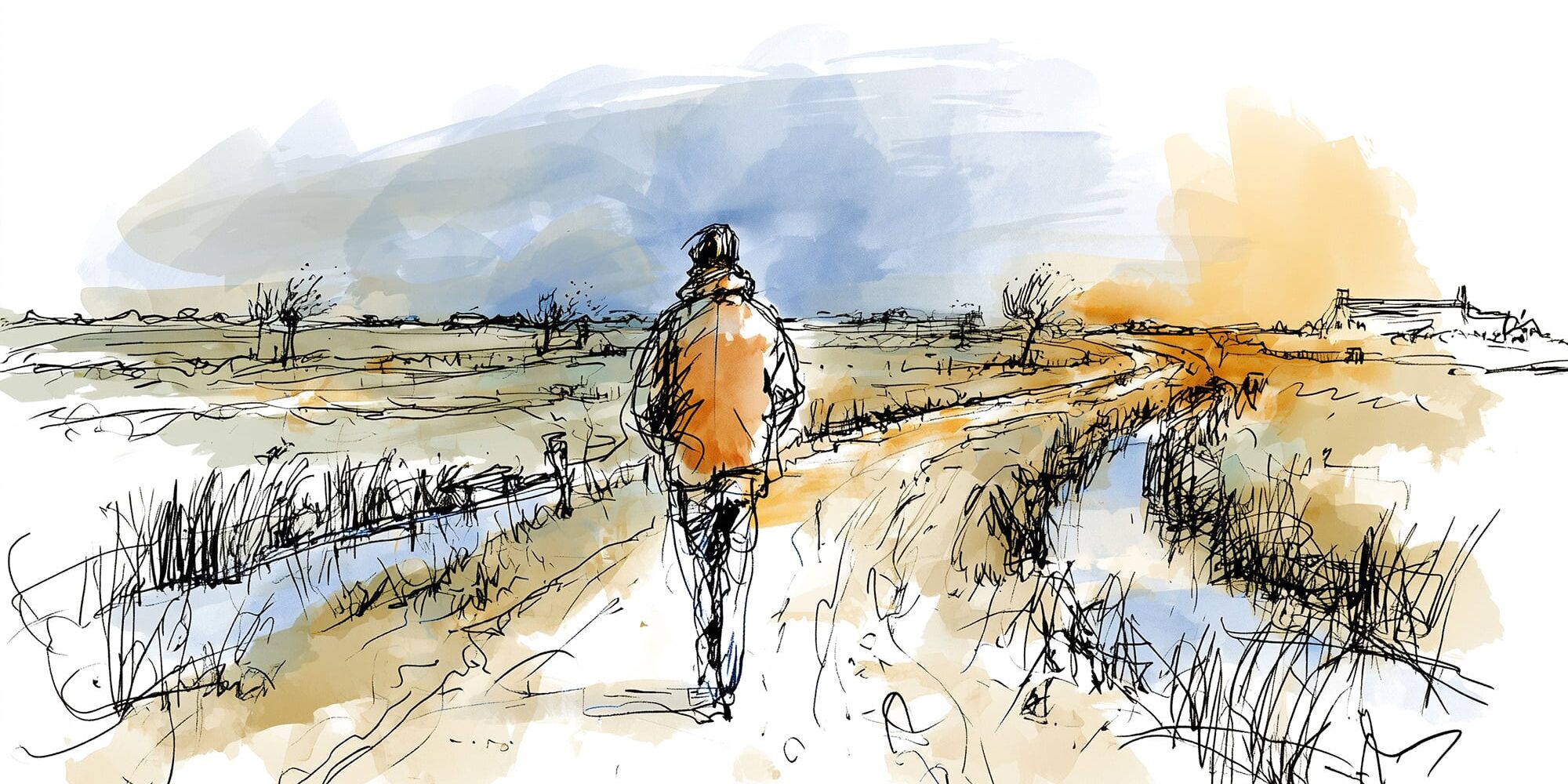 Alleen wandelend door de polder