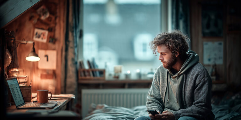 Gescheiden man op zolderkamer