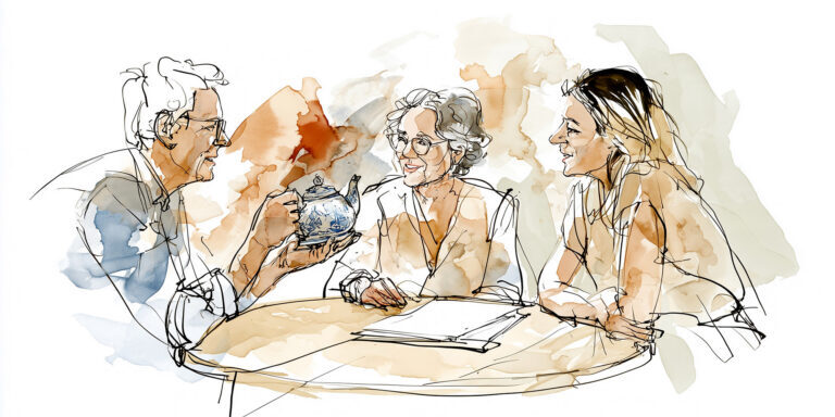 Familiegesprek aan tafel met kopje thee
