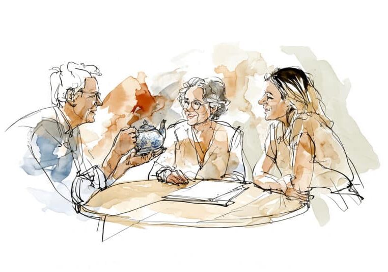 Familiegesprek aan tafel met kopje thee