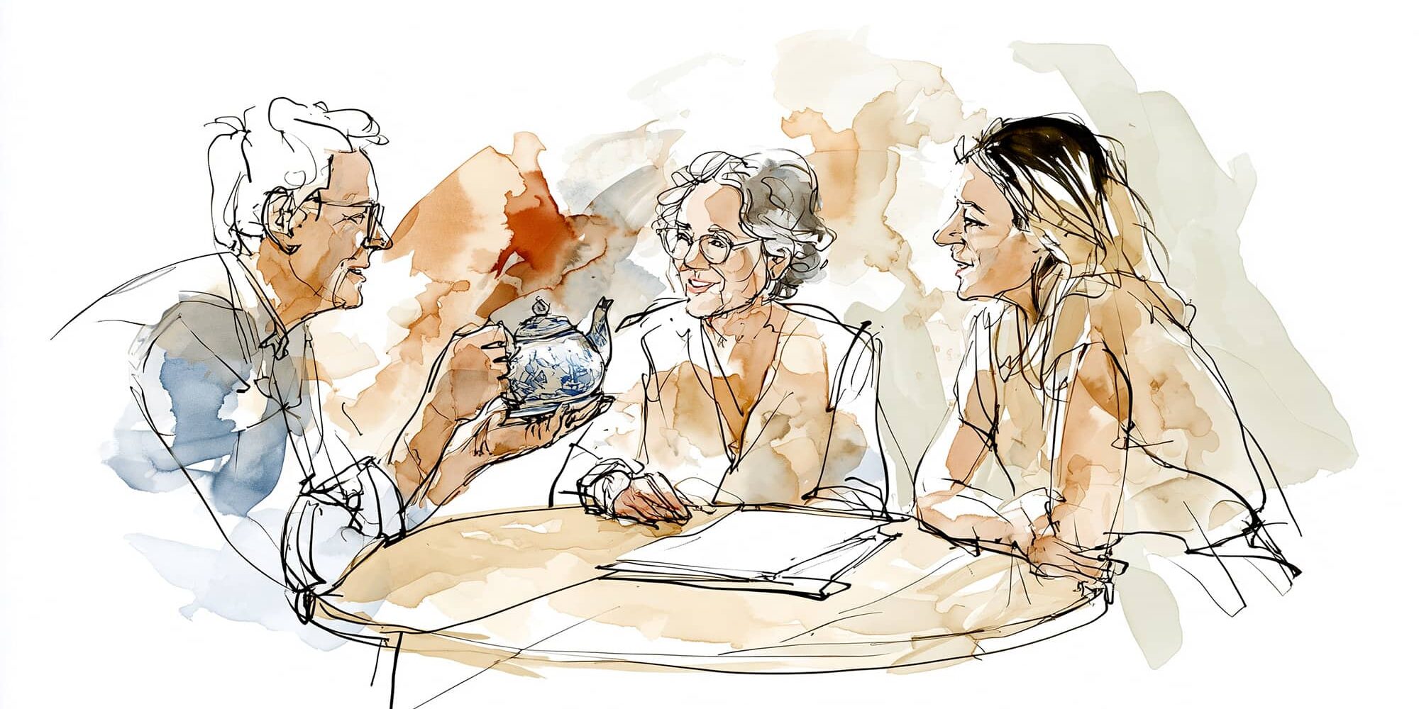 Familiegesprek aan tafel met kopje thee