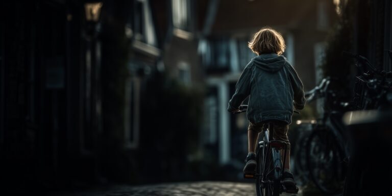 Kind op fiets door straat