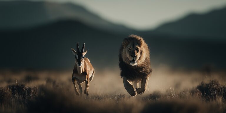 Leeuw jaagt achter Gazelle