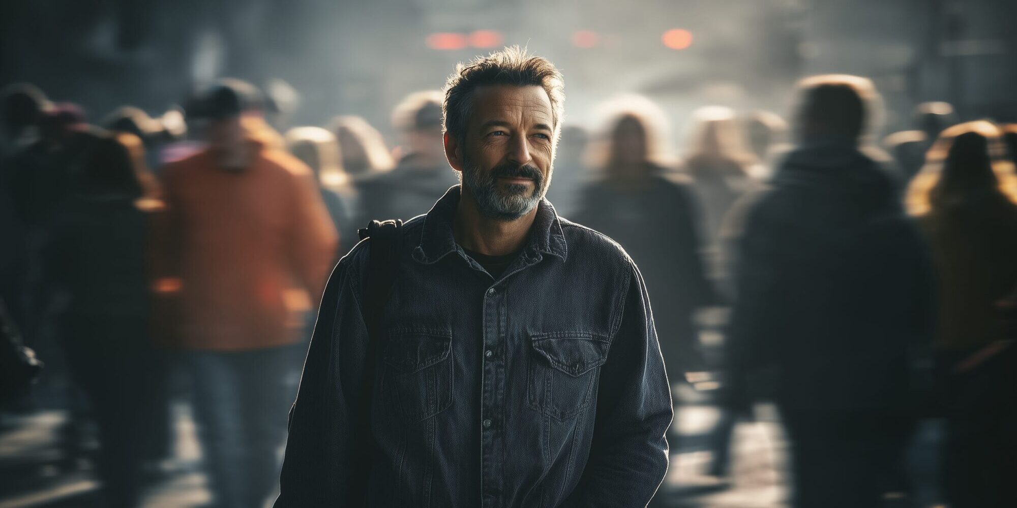 Man alleen in drukke stad