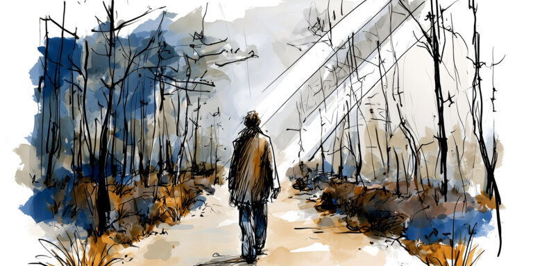 Man in bos met lichtstraal over hem