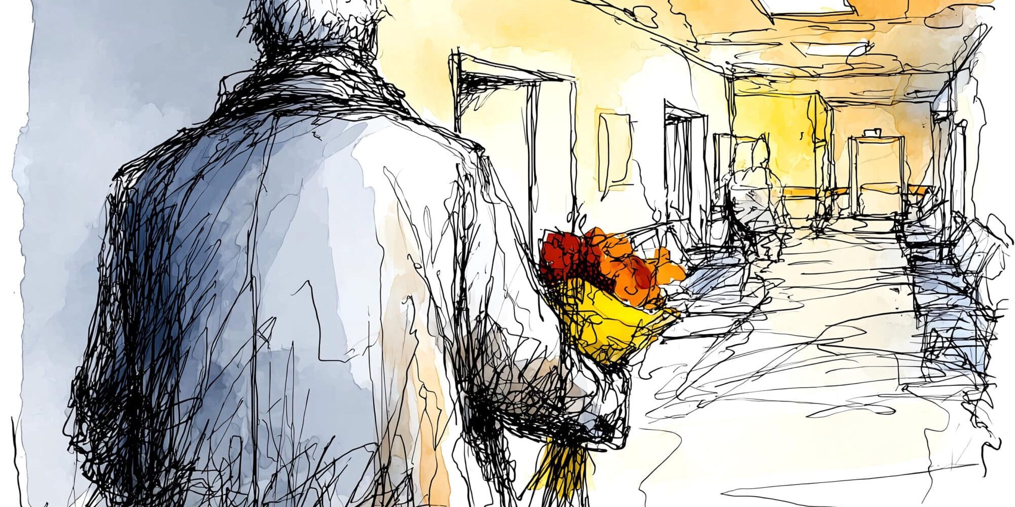 Met bos bloemen in het ziekenhuis