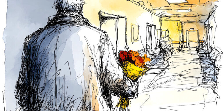 Met bos bloemen in het ziekenhuis