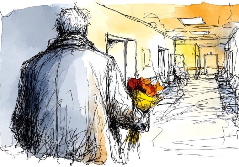 Met bos bloemen in het ziekenhuis