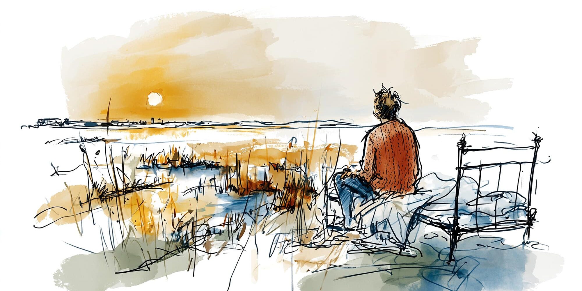 Persoon zit buiten op een bed in de winter