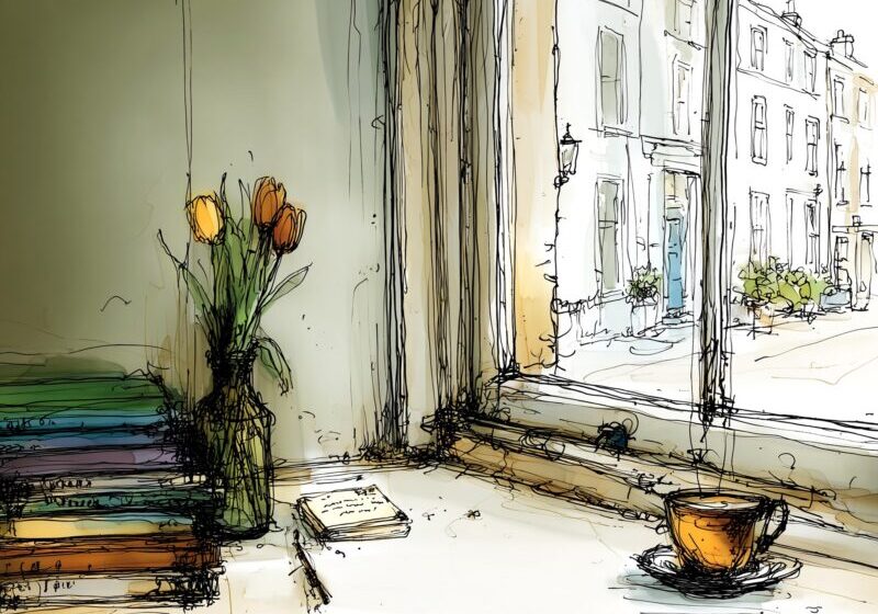 Voor het raam met bosje bloemen - 01