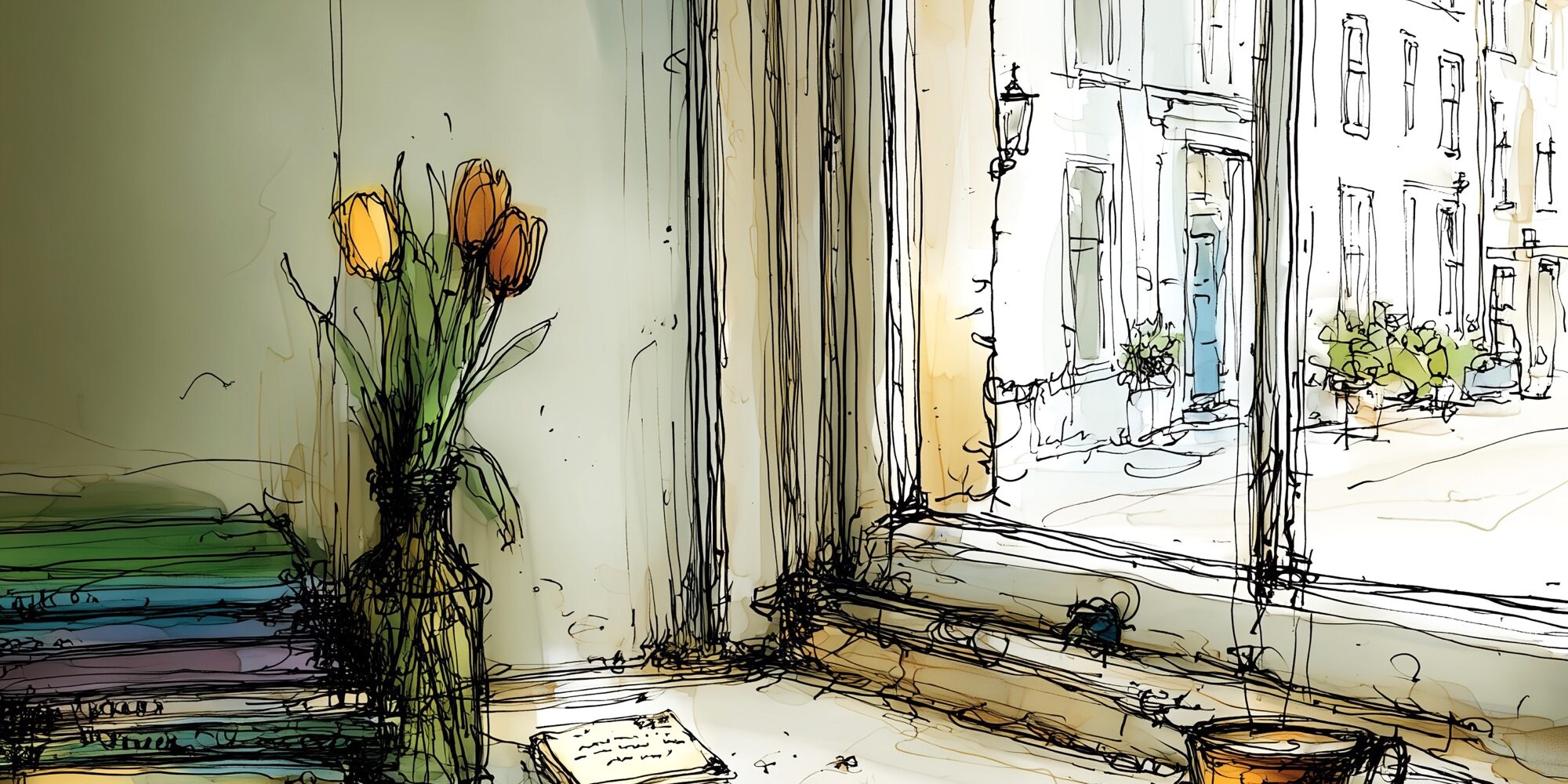 Voor het raam met bosje bloemen - 01