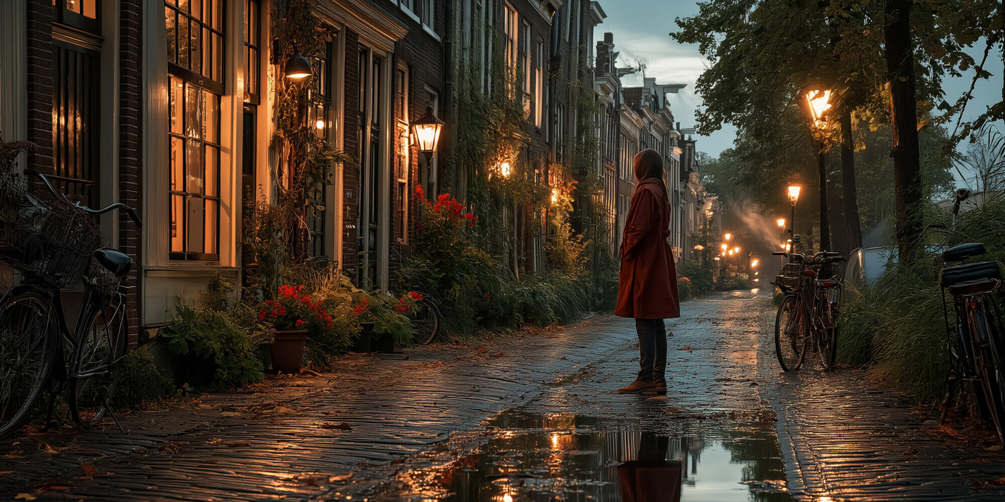 Vrouw alleen in regenachtige straat