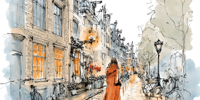 Vrouw alleen in regenachtige straat