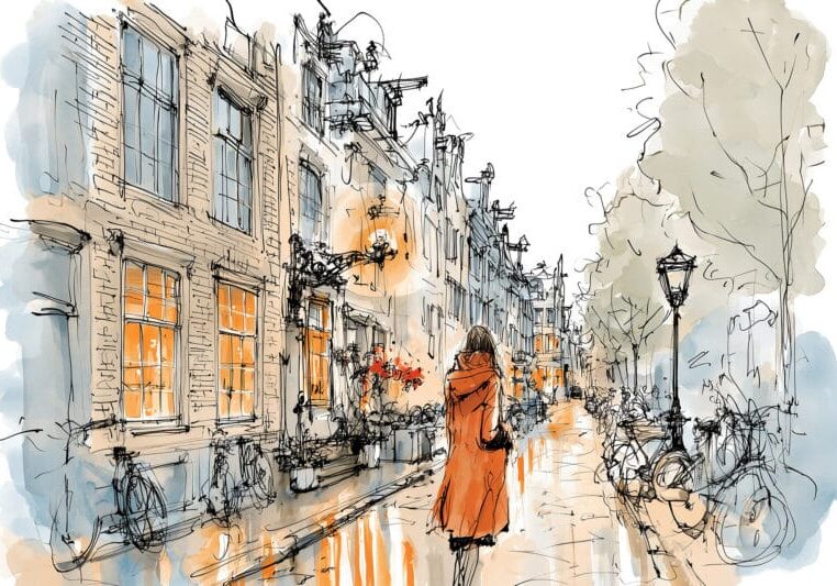 Vrouw alleen in regenachtige straat