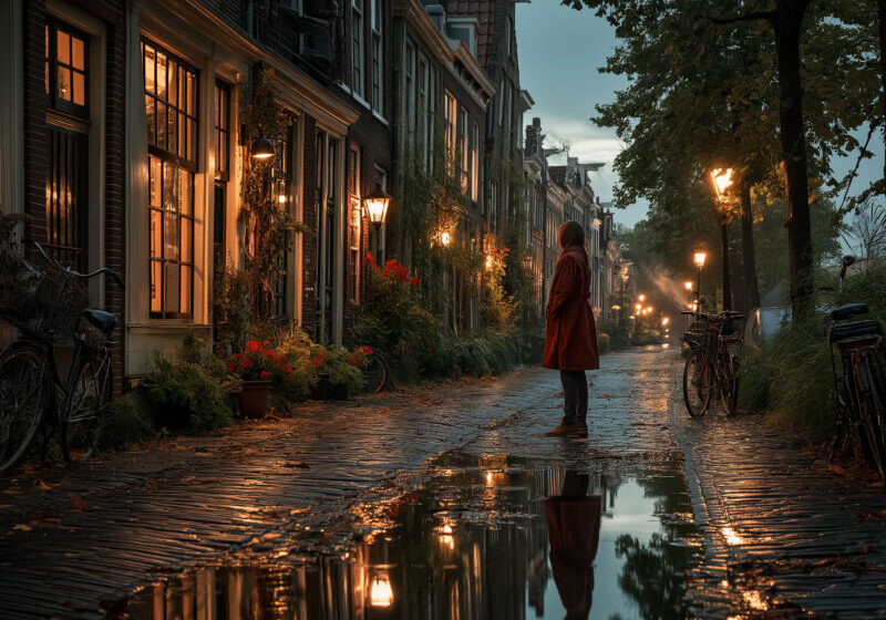 Vrouw alleen in regenachtige straat