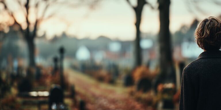 Vrouw op begraafplaats golden hour