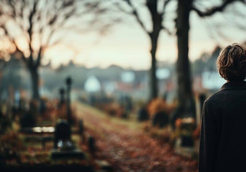 Vrouw op begraafplaats golden hour