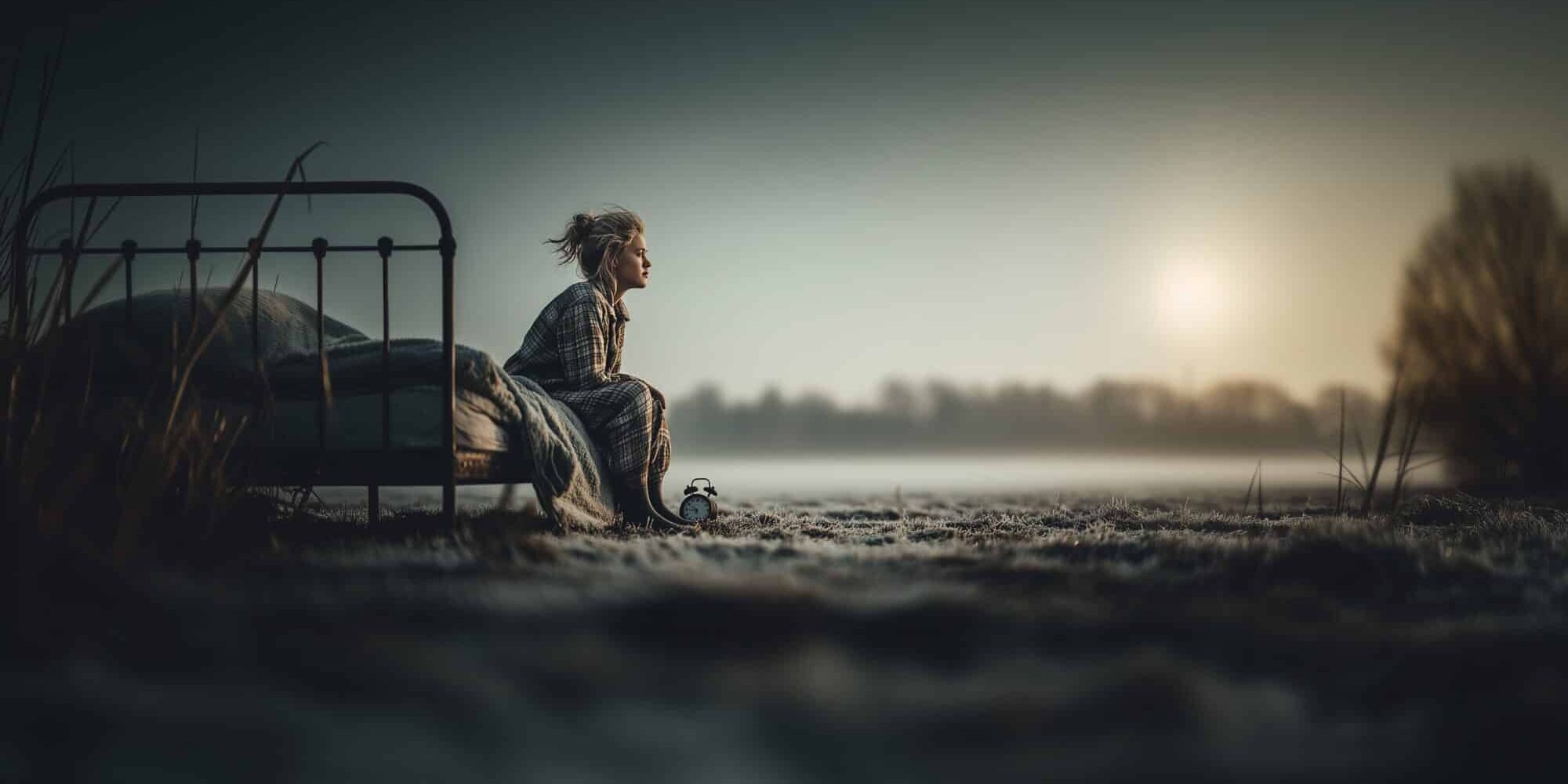 meisje zit buiten op een bed in de winter